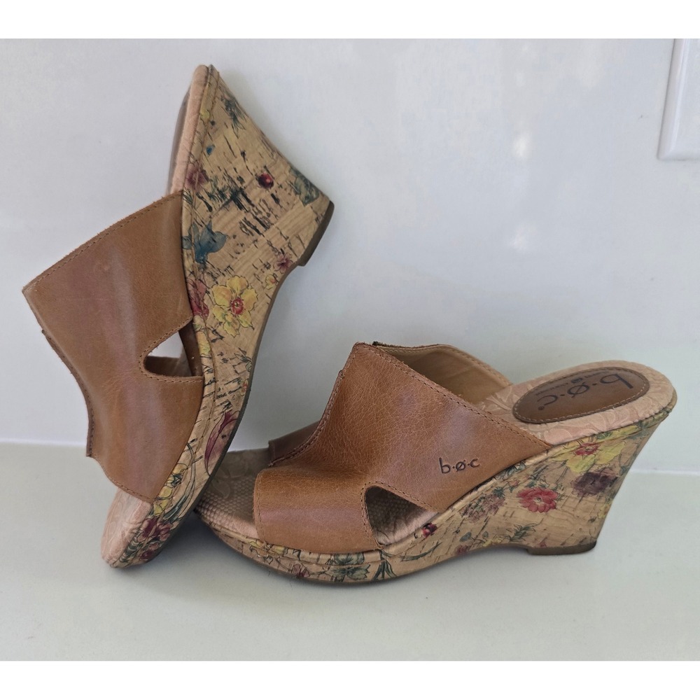 BOC Born Concept Womens Tan Leather Floral Cork Wedge Slide Sandals Size‎ 6M